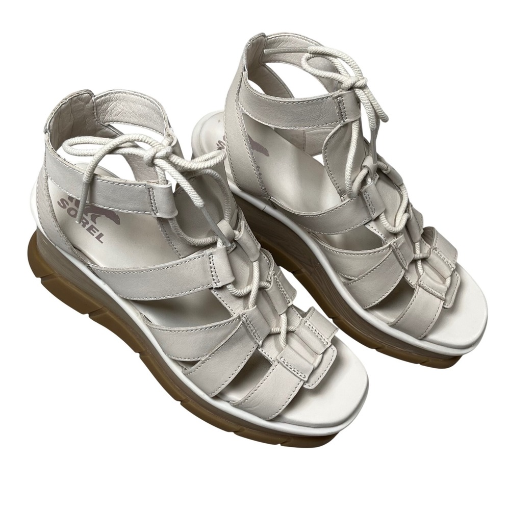 Sorel Joanie III Lace-Up Wedge Sandal Womens 9‎ Chalk Gum Leather Platform Shoes